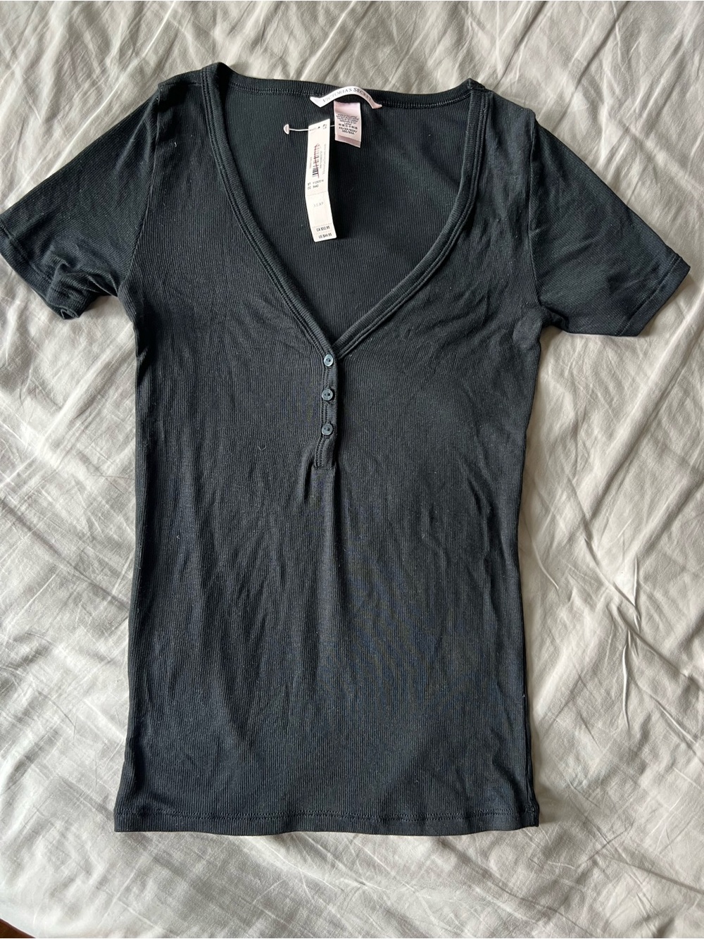 Victoria's Secret Black Short Sleeve V-Neck Henley Top